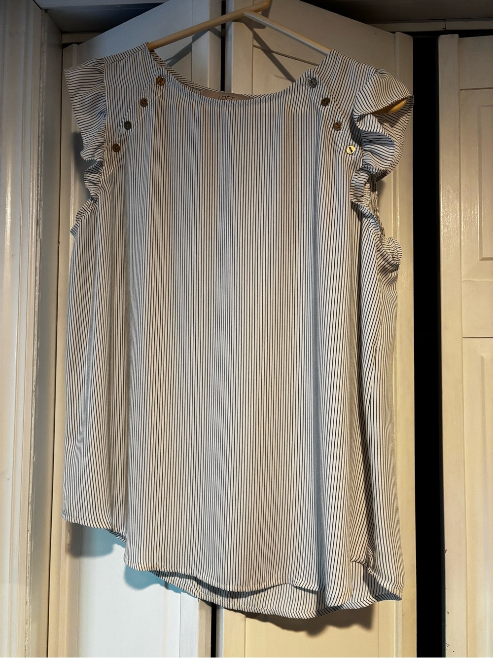 LOFT Blue and White Striped Ruffle Sleeve Blouse